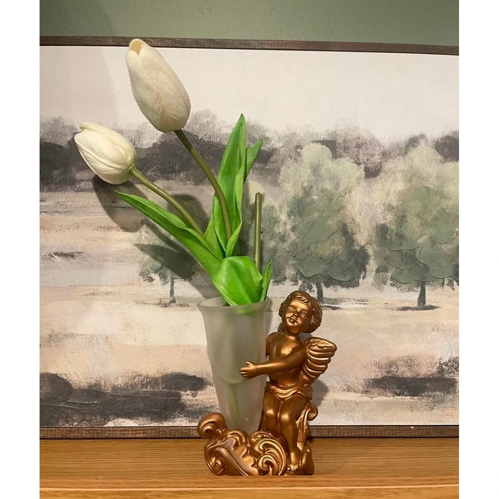 Vintage Gold Cherub Angel Bud Vase Frosted Glass Insert Figurine Decor